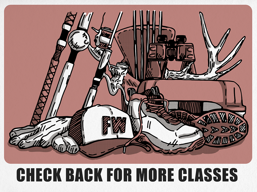 Check Back for More Classes Graphic showing hunting and fishing gear