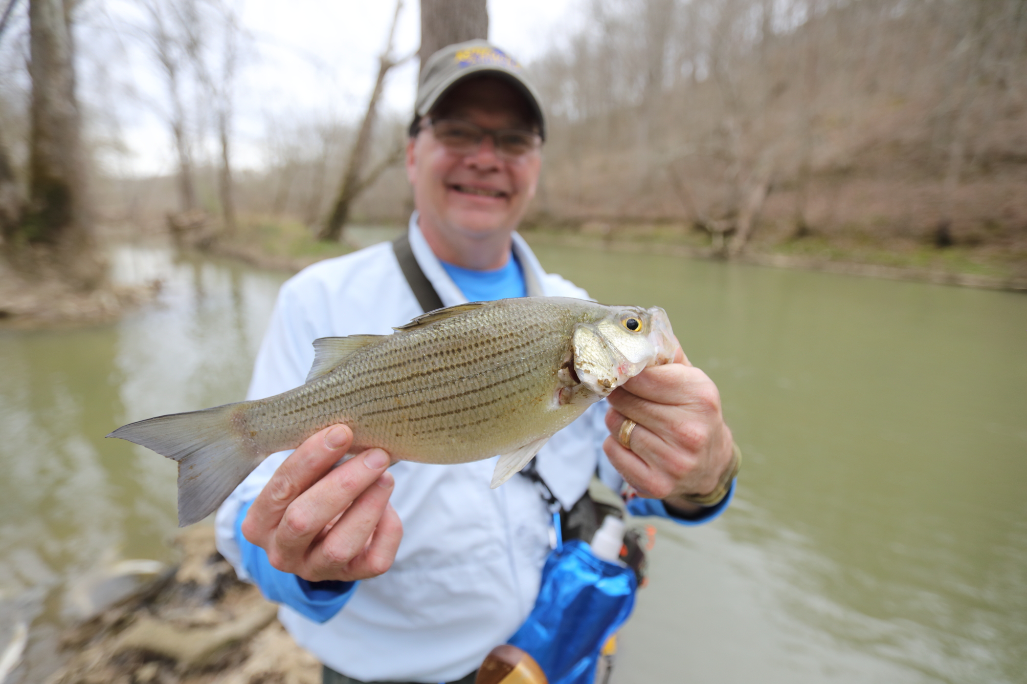 Lee McClellan holding up a white bass on the edge of Taylorsville lake