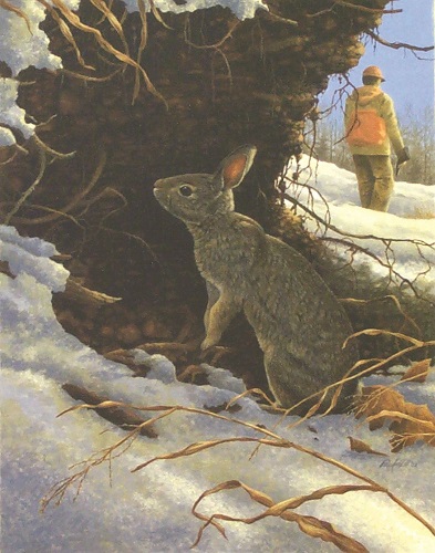 painting showing a rabbit hiding in a tree line as a hunter walks by