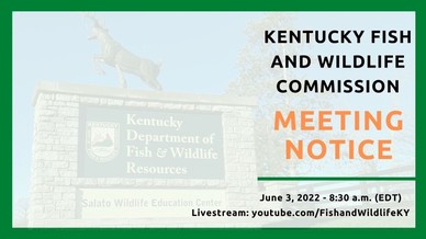 graphic that reads Kentucky Fish and Wildlife Commission Meeting Notice June 3, 2022 8:30 a.m. EDT Livestream: youtube.com/fishandwildlifeKY