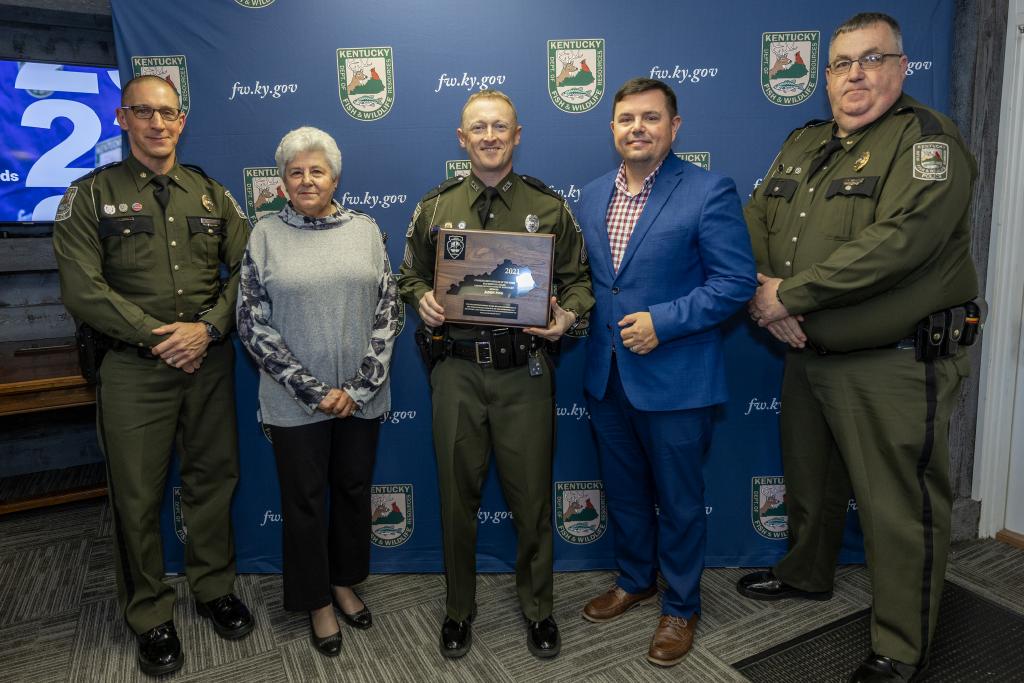 Pictured left to right Law Enforcement Division Assistant Director Maj. David Marques, United Bow Hunters of Kentucky representative Judy Roberts, Sgt. Jason Ping, Commissioner Rich Storm, and Law Enforcement Division Assistant Director Maj. Greg Watts.