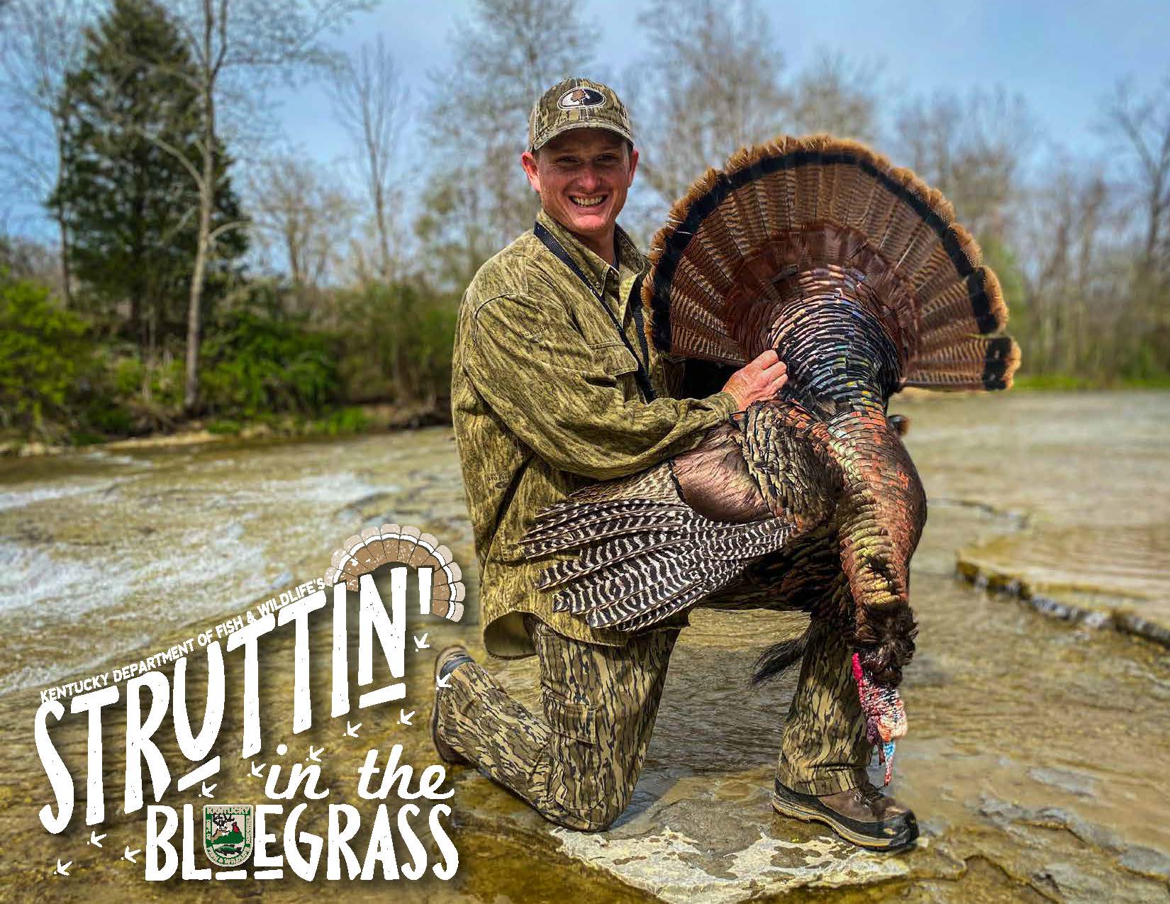 Struttin in the Bluegrass host Bo McGuffey holding up a turkey