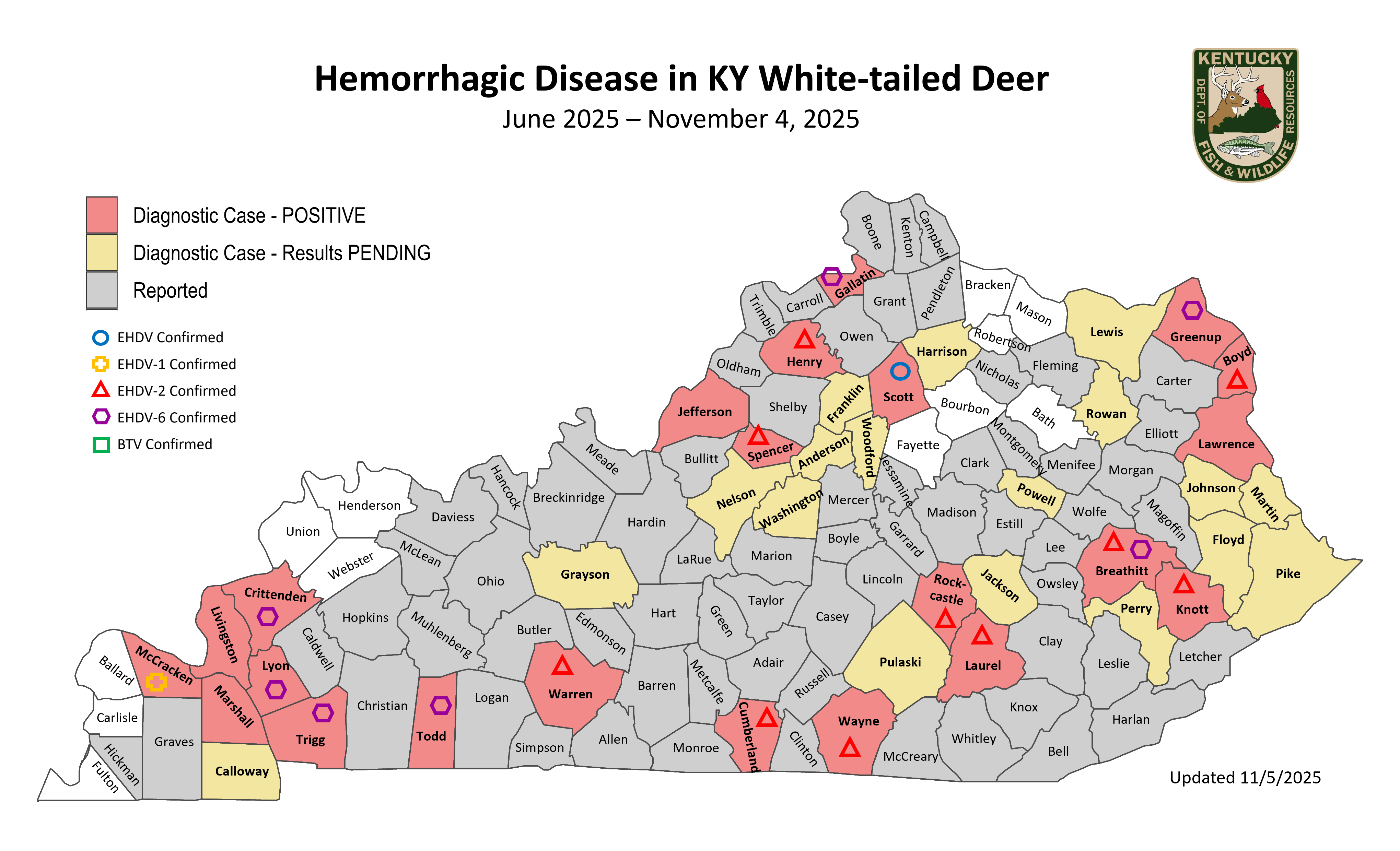 2025 Map of Hemorrhagic Disease in Kentucky