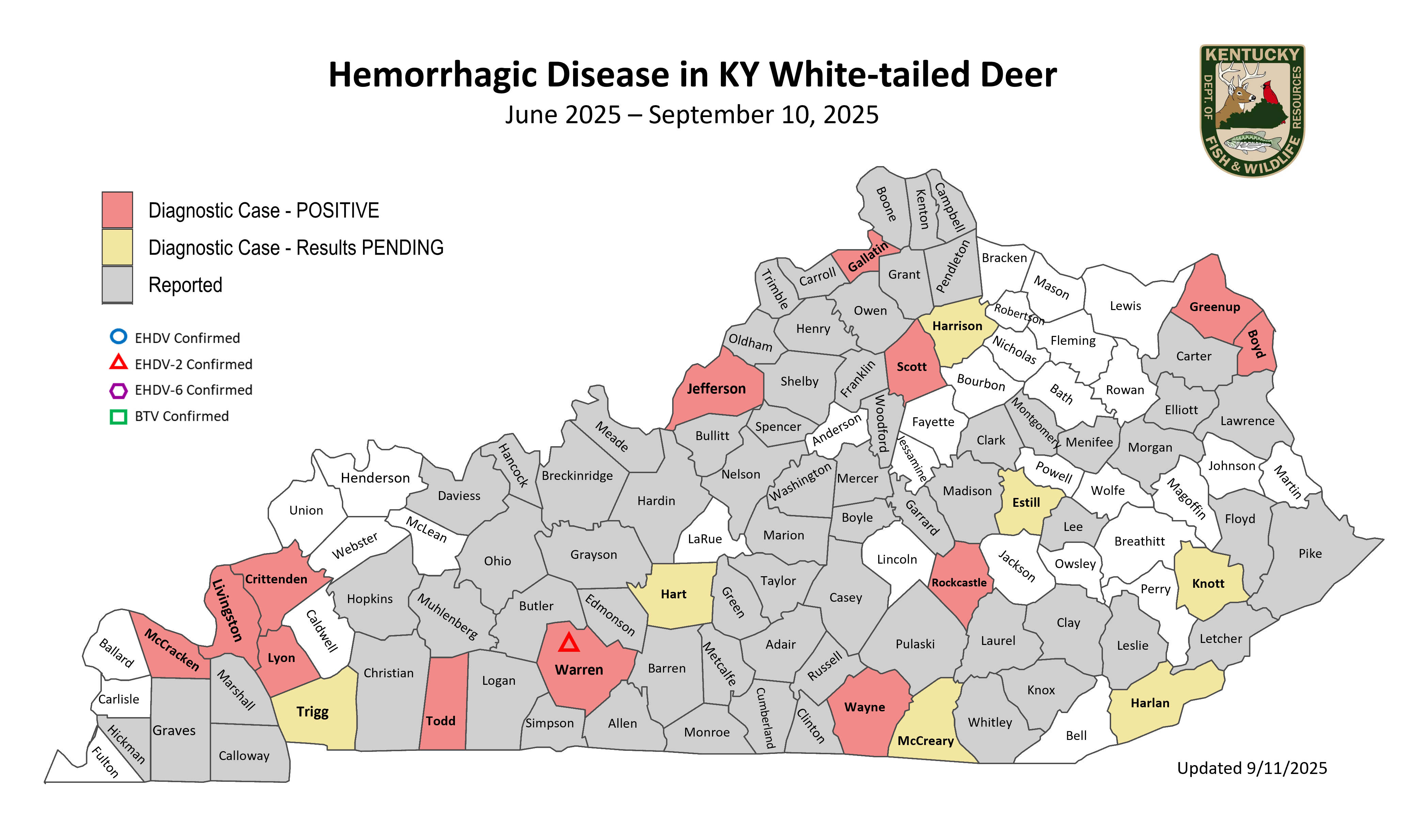 2025 Map of Hemorrhagic Disease in Kentucky